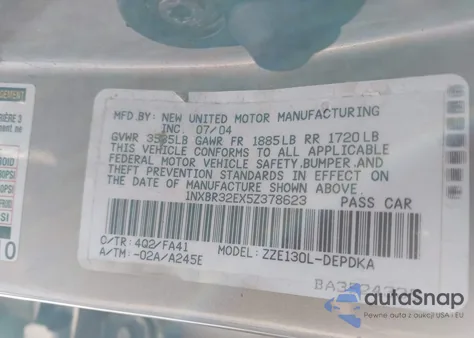 2005 Toyota Corolla Ce from USA, damaged, VIN 1NXBR32EX5Z378623